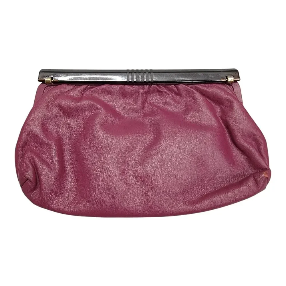 Vintage Lord & Taylor Plum Leather Clutch Bag Made in Italy Black Frame